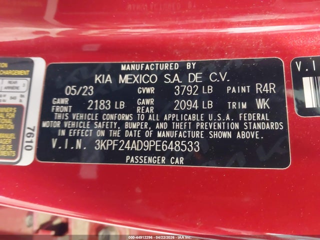 2023 Kia Forte Lxs მანქანა იყიდება აუქციონზე, vin: 3KPF24AD9PE648533, აუქციონის ნომერი: 44912296