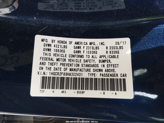 44912310 :رقم المزاد ، 1HGCR2F88HA302431 vin ، 2017 Honda Accord Ex-l مزاد بيع