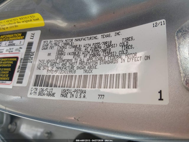 Aukcja sprzedaży 2012 Toyota Tundra Grade 5.7l V8, vin: 5TFEY5F12CX119918, numer aukcji: 44912313