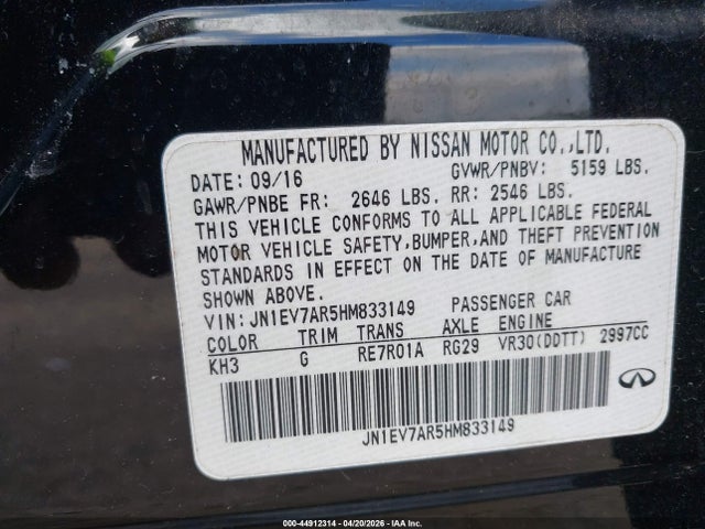 44912314 :رقم المزاد ، JN1EV7AR5HM833149 vin ، 2017 Infiniti Q50 3.0t Premium مزاد بيع