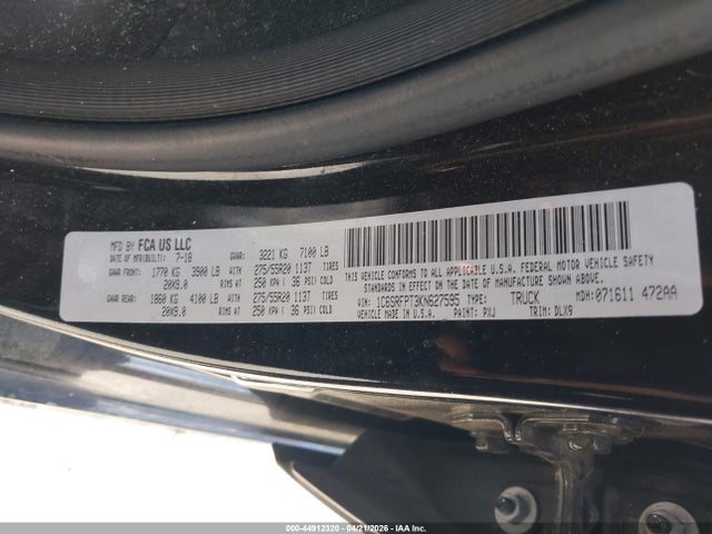2019 Ram 1500 Limited  4x4 6'4 Box მანქანა იყიდება აუქციონზე, vin: 1C6SRFPT3KN627595, აუქციონის ნომერი: 44912320