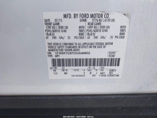44912341 :رقم المزاد ، 1FM5K7D87GGA49802 vin ، 2016 Ford Explorer Xlt مزاد بيع