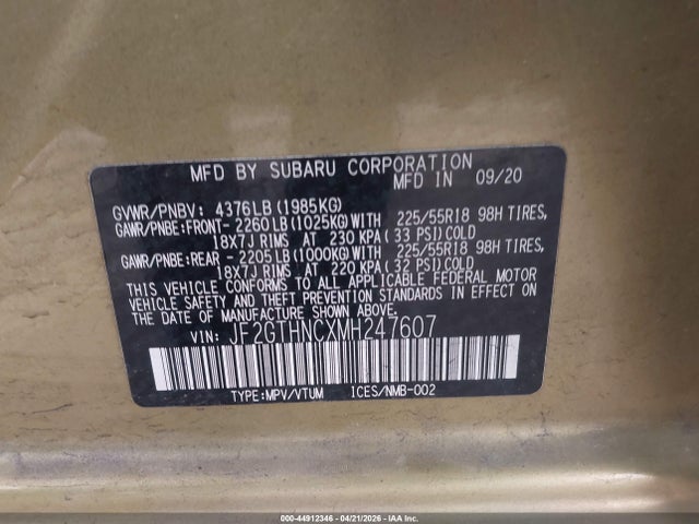 Aukcja sprzedaży 2021 Subaru Crosstrek Limited, vin: JF2GTHNCXMH247607, numer aukcji: 44912346
