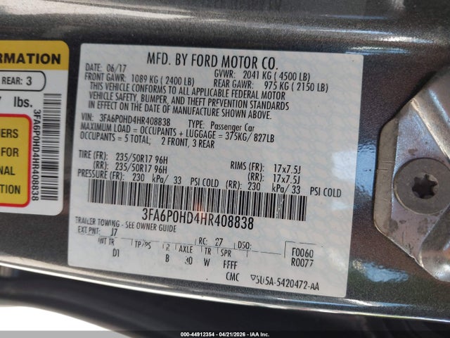 44912354 :رقم المزاد ، 3FA6P0HD4HR408838 vin ، 2017 Ford Fusion Se مزاد بيع
