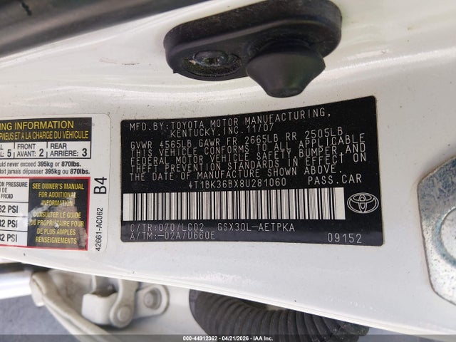 Продажа на аукционе авто 2008 Toyota Avalon Limited, vin: 4T1BK36BX8U281060, номер лота: 44912362
