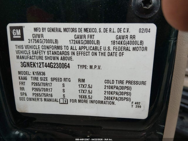Aukcja sprzedaży 2004 Chevrolet Avalanche 1500, vin: 3GNEK12T44G230064, numer aukcji: 44912367
