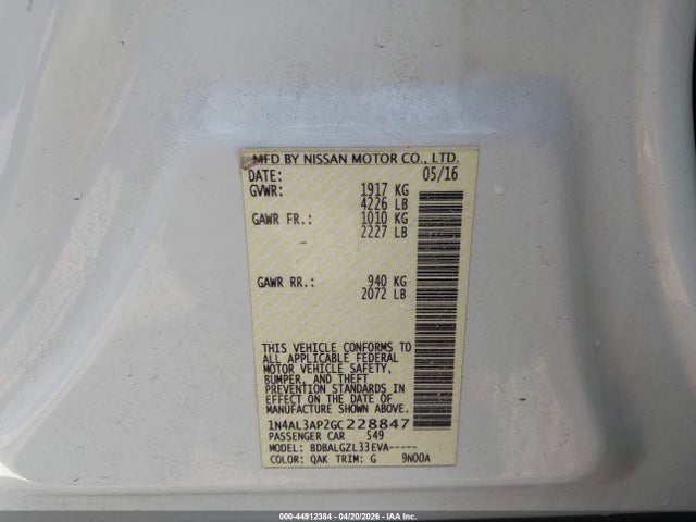 1N4AL3AP2GC228847 Nissan Altima 2.5/2.5 S/2.5 Sl/2.5 Sr/2.5 Sv