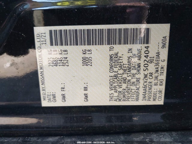 2022 Nissan Maxima Sv Xtronic Cvt მანქანა იყიდება აუქციონზე, vin: 1N4AA6CV2NC502404, აუქციონის ნომერი: 44912395