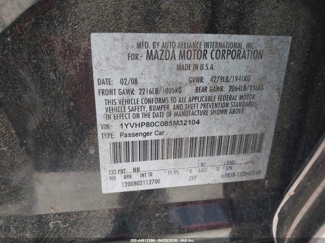Aukcja sprzedaży 2008 Mazda Mazda6 I Sport Ve, vin: 1YVHP80C085M32104, numer aukcji: 44912396