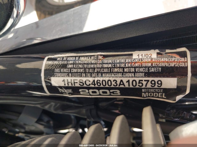 Aukcja sprzedaży 2003 Honda Vtx1800 C, vin: 1HFSC46003A105799, numer aukcji: 44912405