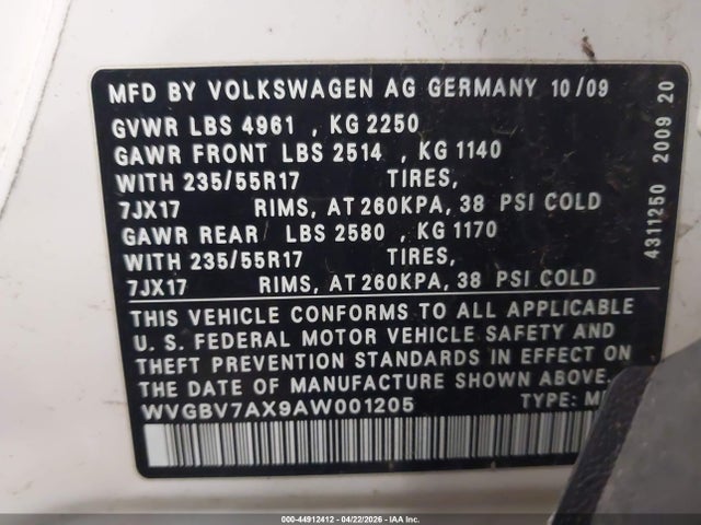 Aukcja sprzedaży 2010 Volkswagen Tiguan Se, vin: WVGBV7AX9AW001205, numer aukcji: 44912412