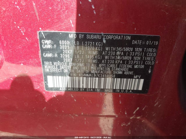 Auction sale of the 2019 Subaru Ascent Limited, vin: 4S4WMALD7K3450258, lot number: 44912415