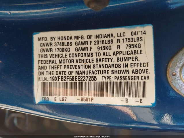 44912425 :رقم المزاد ، 19XFB2F58EE237255 vin ، 2014 Honda Civic Lx مزاد بيع