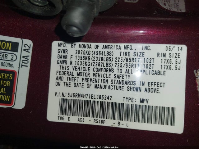 Aukcja sprzedaży 2014 Honda Cr-v Ex-l, vin: 5J6RM4H71EL085242, numer aukcji: 44912458