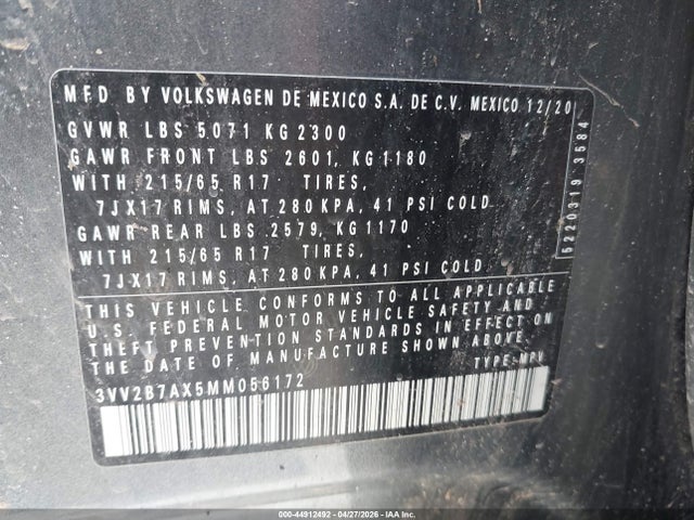 2021 Volkswagen Tiguan 2.0t Se/2.0t Se R-line Black/2.0t Sel მანქანა იყიდება აუქციონზე, vin: 3VV2B7AX5MM056172, აუქციონის ნომერი: 44912492