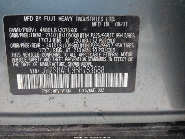 2011 Subaru Forester 2.5x Limited მანქანა იყიდება აუქციონზე, vin: JF2SHAEC9BH783688, აუქციონის ნომერი: 44912502