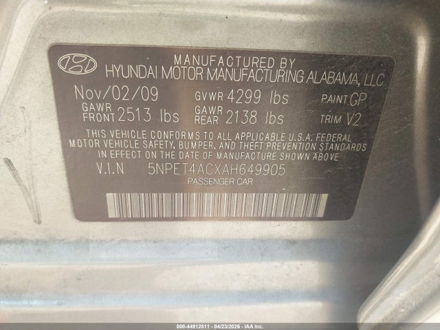 Auction sale of the 2010 Hyundai Sonata Gls, vin: 5NPET4ACXAH649905, lot number: 44912511