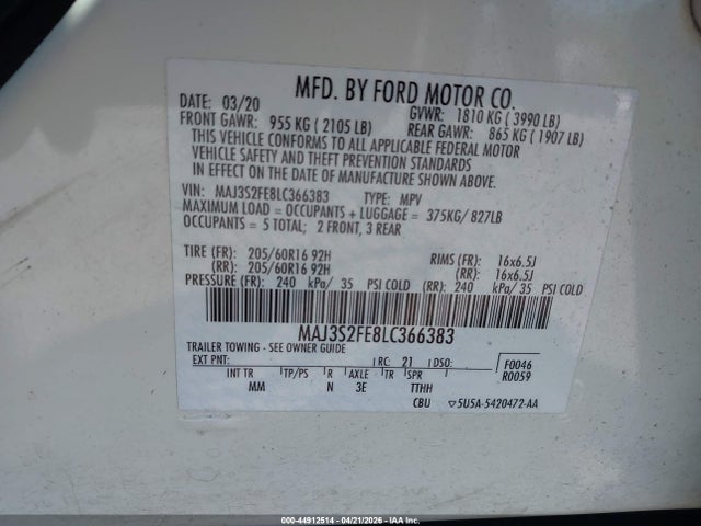 44912514 :رقم المزاد ، MAJ3S2FE8LC366383 vin ، 2020 Ford Ecosport S مزاد بيع