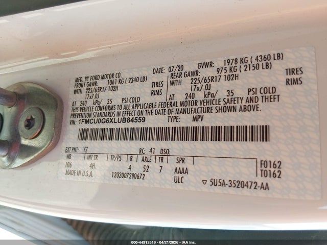 Aukcja sprzedaży 2020 Ford Escape Se, vin: 1FMCU0G6XLUB84559, numer aukcji: 44912519