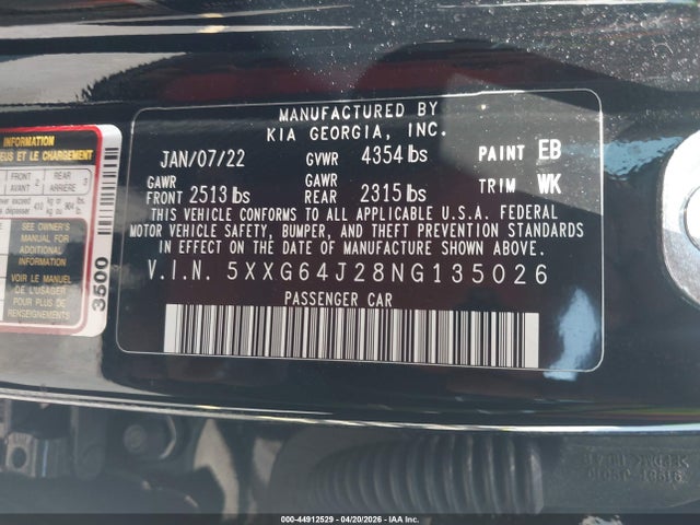 Продаж на аукціоні авто 2022 Kia K5 Gt-line, vin: 5XXG64J28NG135026, номер лоту: 44912529