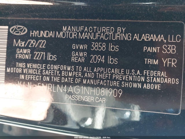 2022 Hyundai Elantra Sel მანქანა იყიდება აუქციონზე, vin: 5NPLN4AG1NH081909, აუქციონის ნომერი: 44912530
