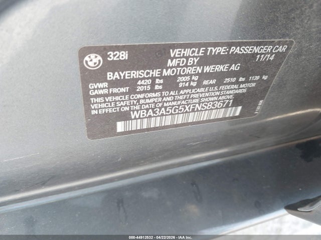 Aukcja sprzedaży 2015 Bmw 328i, vin: WBA3A5G5XFNS83671, numer aukcji: 44912532