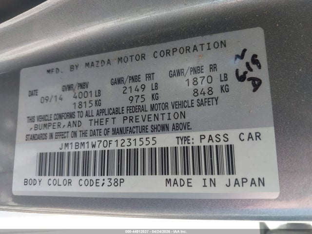 44912537 :رقم المزاد ، JM1BM1W70F1231555 vin ، 2015 Mazda Mazda3 I Grand Touring مزاد بيع