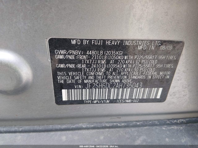 Auction sale of the 2010 Subaru Forester 2.5x Limited, vin: JF2SH6DC2AH735043, lot number: 44912546