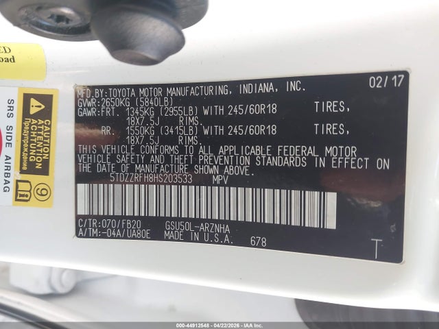 44912548 :رقم المزاد ، 5TDZZRFH8HS203533 vin ، 2017 Toyota Highlander Le مزاد بيع