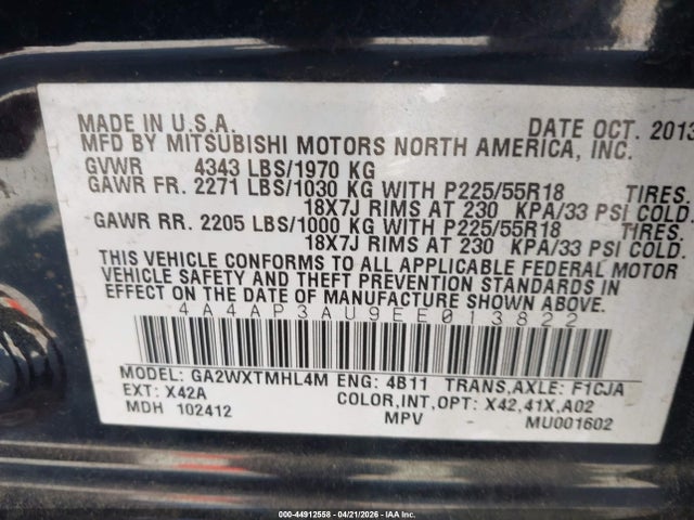 Aukcja sprzedaży 2014 Mitsubishi Outlander Sport Es, vin: 4A4AP3AU9EE013822, numer aukcji: 44912558