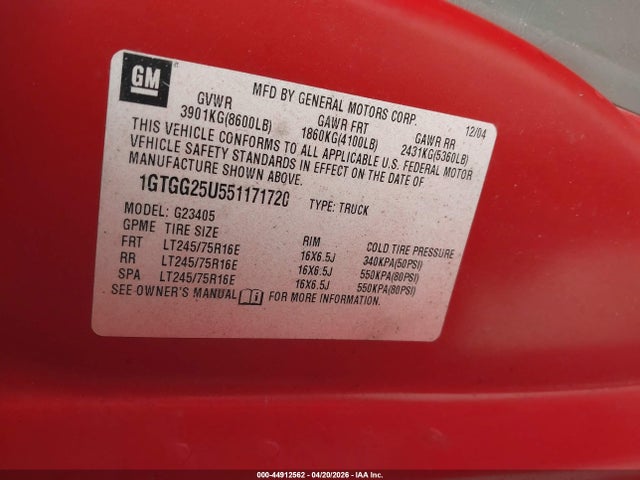 44912562 :رقم المزاد ، 1GTGG25U551171720 vin ، 2005 Gmc Savana Standard مزاد بيع