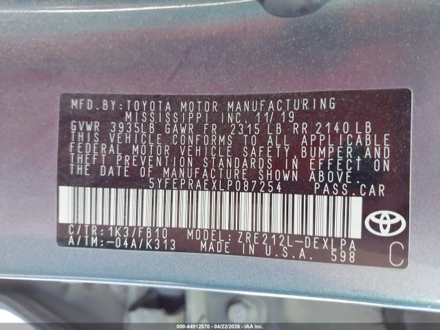 44912570 :رقم المزاد ، 5YFEPRAEXLP087254 vin ، 2020 Toyota Corolla Le مزاد بيع