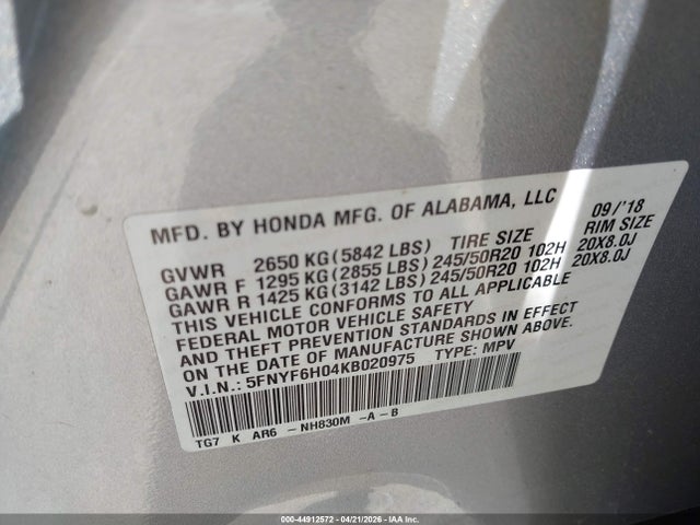 44912572 :رقم المزاد ، 5FNYF6H04KB020975 vin ، 2019 Honda Pilot Elite مزاد بيع