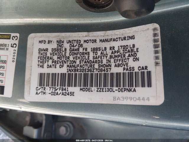 2006 Toyota Corolla Le მანქანა იყიდება აუქციონზე, vin: 1NXBR32E36Z708457, აუქციონის ნომერი: 44912578