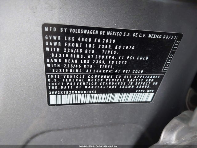 3VV2X7B2XNM083955 Volkswagen Taos 1.5t Sel