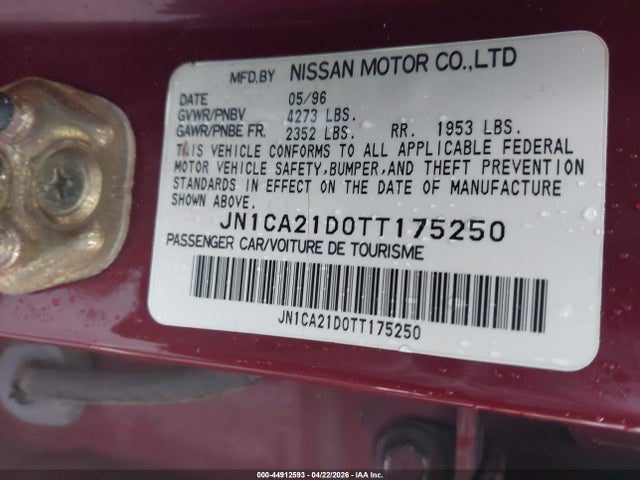 Aukcja sprzedaży 1996 Nissan Maxima Gle/gxe/se, vin: JN1CA21D0TT175250, numer aukcji: 44912593