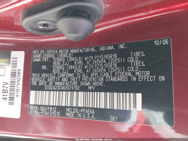 Aukcja sprzedaży 2006 Toyota Sienna Ce, vin: 5TDZA23C46S574192, numer aukcji: 44912602