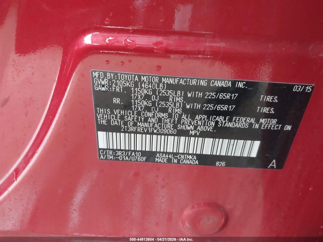 Продаж на аукціоні авто 2015 Toyota Rav4 Xle, vin: 2T3RFREV1FW309060, номер лоту: 44912604