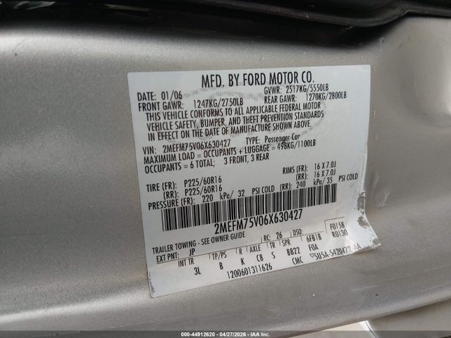 2006 Mercury Grand Marquis Ls მანქანა იყიდება აუქციონზე, vin: 2MEFM75V06X630427, აუქციონის ნომერი: 44912620