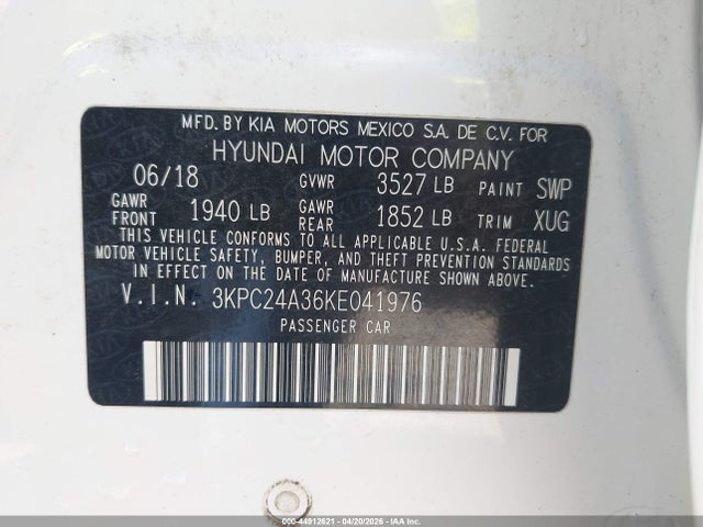 Aukcja sprzedaży 2019 Hyundai Accent Se, vin: 3KPC24A36KE041976, numer aukcji: 44912621