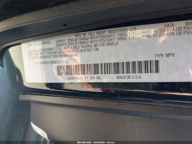 44912636 :رقم المزاد ، 4S4BP67C864311115 vin ، 2006 Subaru Outback 2.5xt/2.5xt Limited مزاد بيع