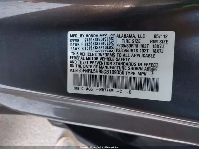 Aukcja sprzedaży 2012 Honda Odyssey Touring/touring Elite, vin: 5FNRL5H95CB109350, numer aukcji: 44912639