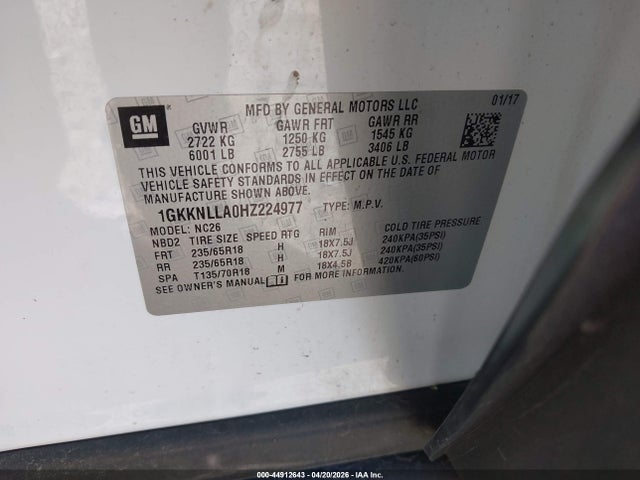 Aukcja sprzedaży 2017 Gmc Acadia Sle-2, vin: 1GKKNLLA0HZ224977, numer aukcji: 44912643