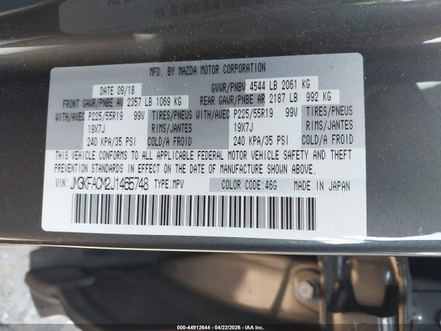 44912644 :رقم المزاد ، JM3KFACM2J1465748 vin ، 2018 Mazda Cx-5 Touring مزاد بيع
