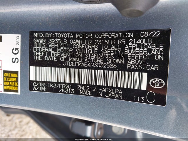 2022 Toyota Corolla Le მანქანა იყიდება აუქციონზე, vin: JTDEPMAE4N3032586, აუქციონის ნომერი: 44912651