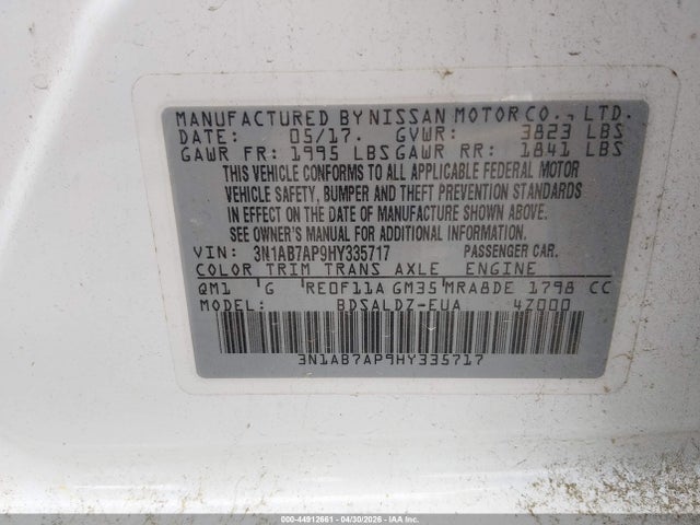 Продаж на аукціоні авто 2017 Nissan Sentra Sv, vin: 3N1AB7AP9HY335717, номер лоту: 44912661