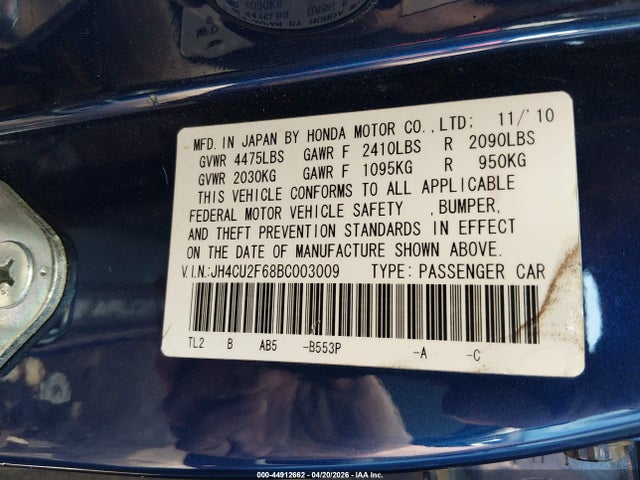 Auction sale of the 2011 Acura Tsx 2.4, vin: JH4CU2F68BC003009, lot number: 44912662
