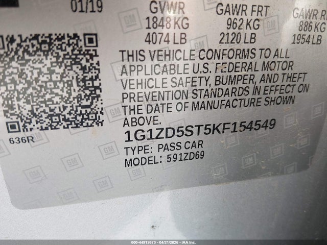 2019 Chevrolet Malibu Lt მანქანა იყიდება აუქციონზე, vin: 1G1ZD5ST5KF154549, აუქციონის ნომერი: 44912670