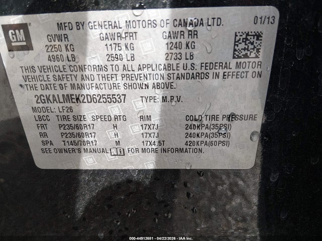 Aukcja sprzedaży 2013 Gmc Terrain Sle-1, vin: 2GKALMEK2D6255537, numer aukcji: 44912681