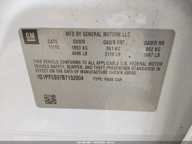 44912691 :رقم المزاد ، 1G1PF5S97B7132004 vin ، 2011 Chevrolet Cruze 1lt مزاد بيع